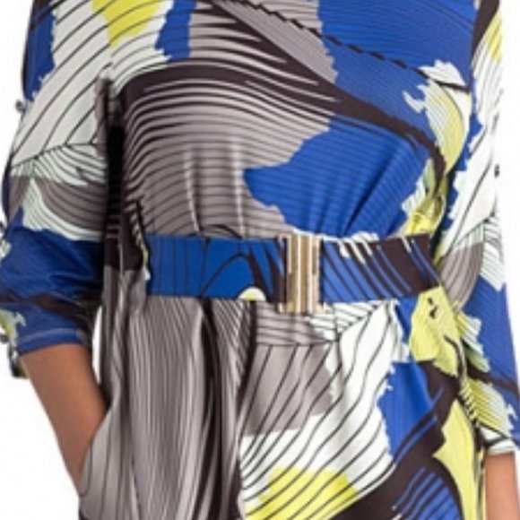 Marisa Kenson Geometric Cobal Lime White 3/4 Sleeves Mini Dress - size S NWT - Picture 5 of 6